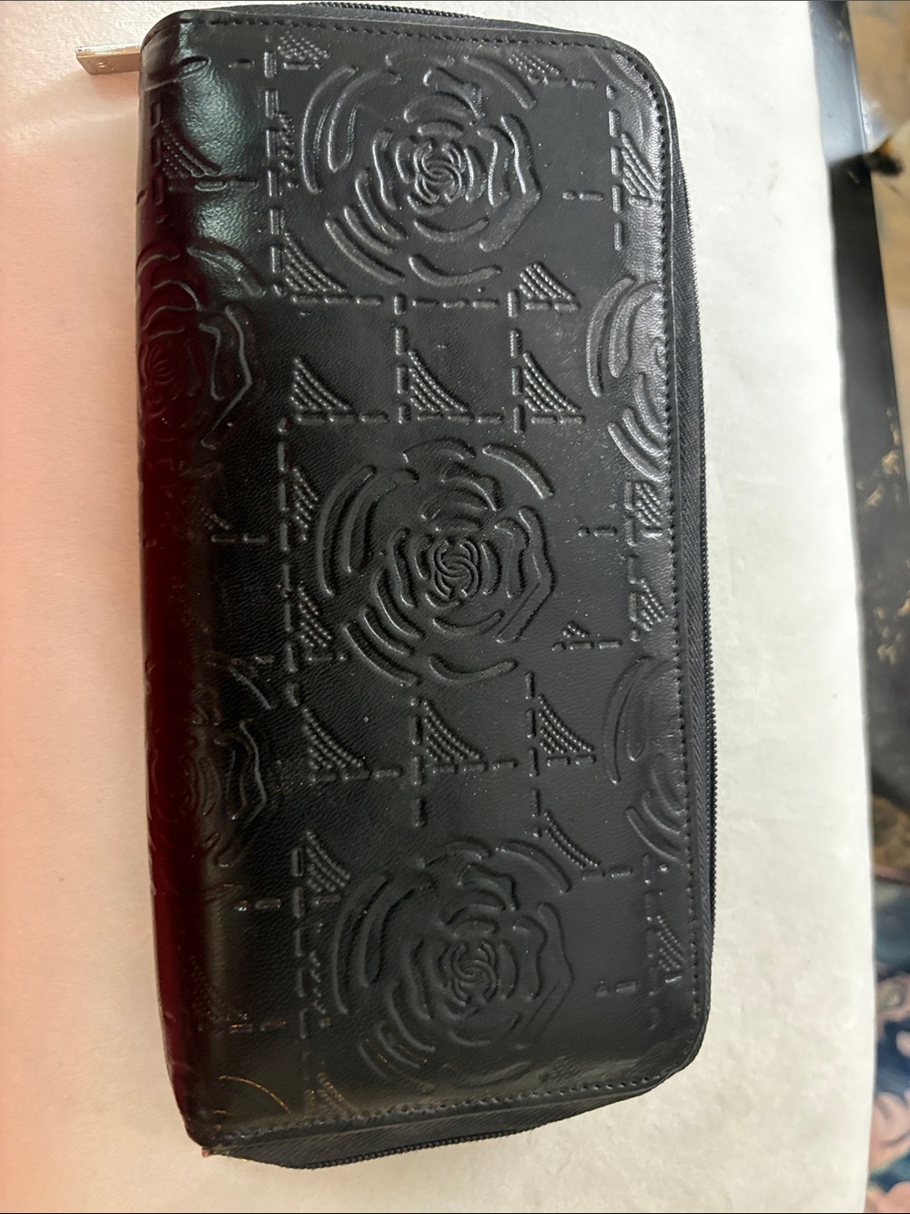 Designer Black Embossed Camellia Zip Wallet